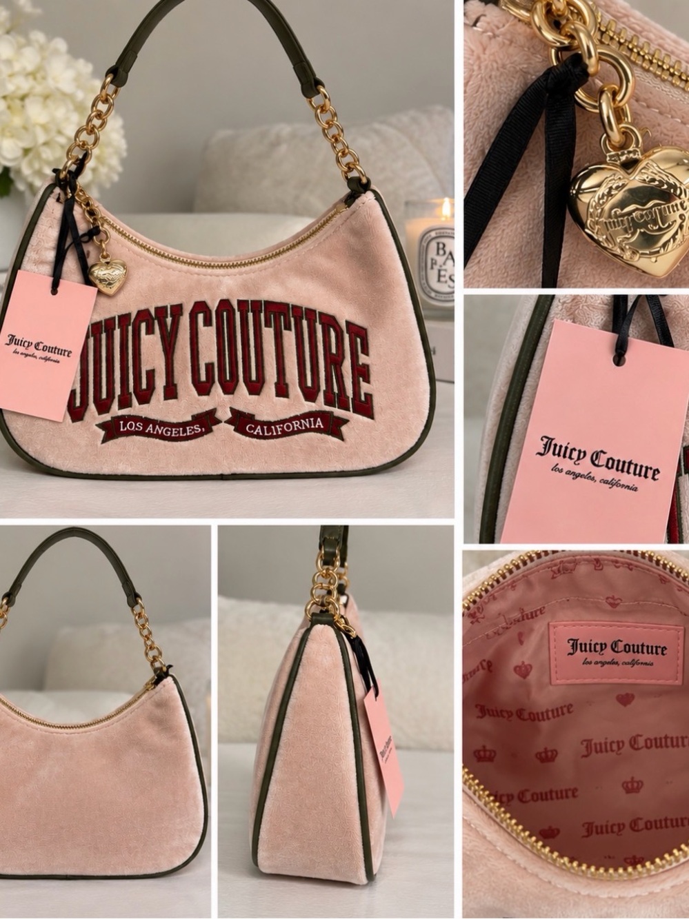 Juicy Couture Pink Velvet Shoulder Bag with Olive Trim & Gold Hardware